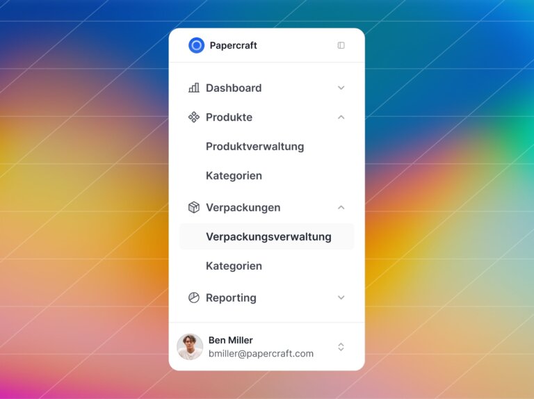 Zentrales Menü mit Navigationspunkten wie Dashboard, Produkte, Kategorien auf blauem Hintergrund