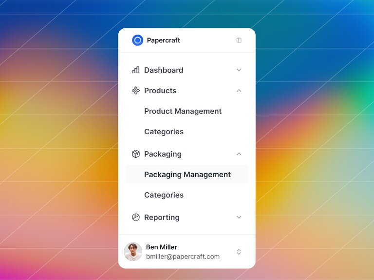 Central menu with navigation items such as Dashboard, Products and Categories on a blue background.