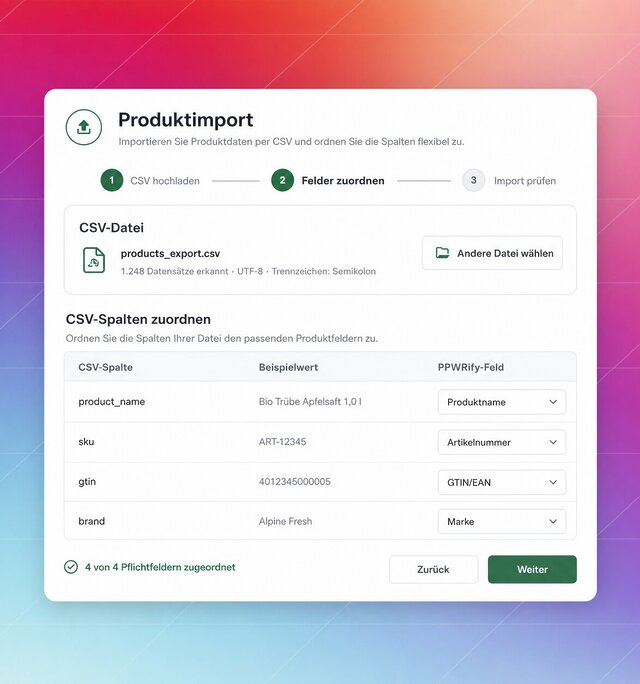 Dialog „Produktimport“ zeigt CSV-Hochladen, Spaltenzuordnung und Auswahlfelder im Formular.