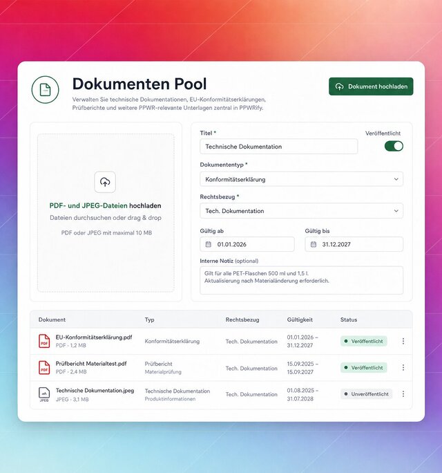 Bild zeigt eine Weboberfläche „Dokumenten Pool“ mit Uploadbereich, Formular und Dokumententabelle.