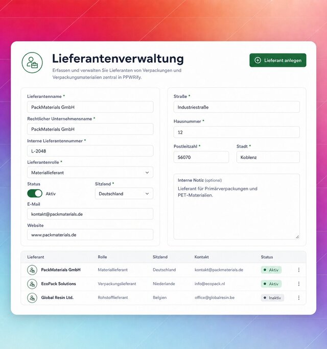 Screenshot einer Lieferantenverwaltung mit Formularfeldern und Liste aktiver Lieferanten