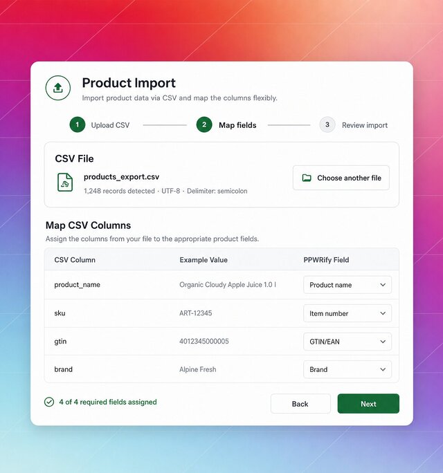 Screen showing the product import wizard with a CSV file, column mapping and steps one to three.