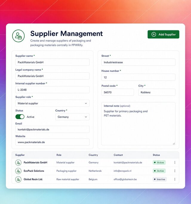 View of a supplier management form with input fields, a table and an active button.